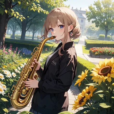 highest quality、masterpiece、8K、Playing the saxophone、kemomimi girl、flower garden