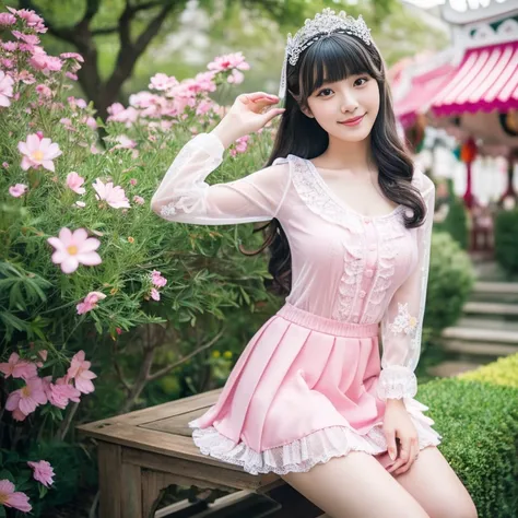 best quality, masterpiece, lifelike, 1 girl, alone, eternal, black hair, Long curly hair, blunt bangs, Smile, pink skirt, pink lolita dress, layered skirt, Lolita style long skirt,分層連衣裙 lace-trimmed 裙子, decorate, lace, long sleeve, puff sleeves, wide sleev...