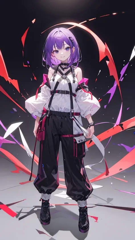 purple hair girl,medium hair,Harness,pants,simple background,smile,whole body,full body,full body,arm to the side,Standing picture,vtuber,front,from front,Viewer&#39;s perspective,視線をfrontに,