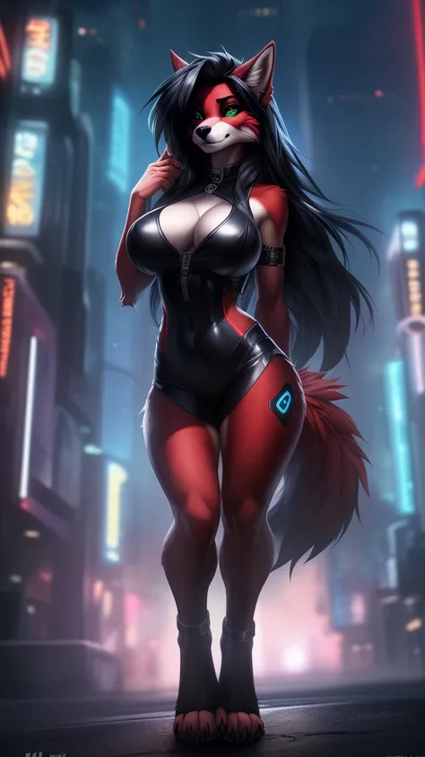 uploaded on e621, (by Wildering, by Koul, by fluff-kevlar, by aycee), solo, female wolf, wolf ears, neck tuft, hip tuft, leg tuft, wolf tail, ((black sclera, green eyes)), cyberpunk clothing, ((full-body portrait)), (masterpiece), (best quality), (anthro f...