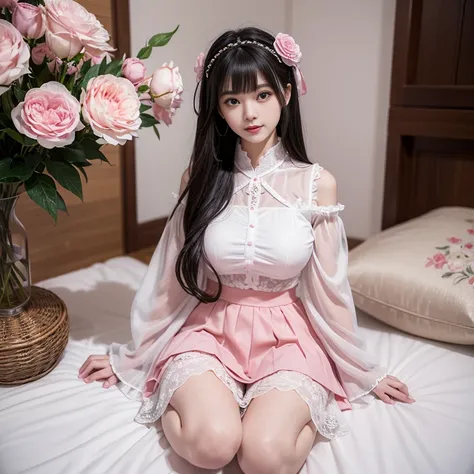 best quality, masterpiece, lifelike, 1 girl, alone, eternal, black hair, Long curly hair, blunt bangs, Smile, pink skirt, pink lolita dress, layered skirt, Lolita style long skirt,分層連衣裙 lace-trimmed 裙子, decorate, lace, long sleeve, puff sleeves, wide sleev...