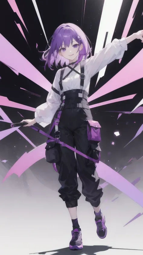 purple hair girl,medium hair,Harness,pants,simple background,smile,whole body,full body,full body,arm to the side,Standing picture,vtuber,front,from front,Viewer&#39;s perspective,視線をfrontに,