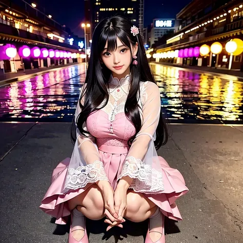 best quality, masterpiece, lifelike, 1 girl, alone, eternal, black hair, Long curly hair, blunt bangs, Smile, pink skirt, pink lolita dress, layered skirt, Lolita style long skirt,分層連衣裙 lace-trimmed 裙子, decorate, lace, long sleeve, puff sleeves, wide sleev...