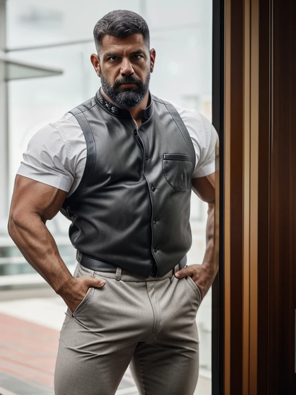 A portrait full body photograph only jockstrap, long white socks, lot of bdsm gears, leather collar, harness, two Atractive mid age heavy trucker-drivers, medium hair shaved sides, Strong, muscular, hairy big belly bodybuilder, jockstrap showing very hairy...