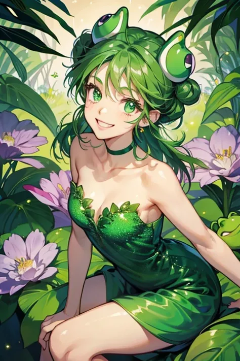 Emerald is an emerald green frog with purple half-lidded eyes and a huge lazy-like smile on her face to show her kind personality. Emerald is all green including legs, head and arms. She initially wears a Frog Shirt to resemble her species. She looks simil...