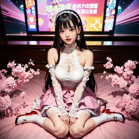 best quality, masterpiece, lifelike, 1 girl, alone, eternal, black hair, Long curly hair, blunt bangs, Smile, pink skirt, pink lolita dress, layered skirt, Lolita style long skirt,分層連衣裙 lace-trimmed 裙子, decorate, lace, long sleeve, puff sleeves, wide sleev...