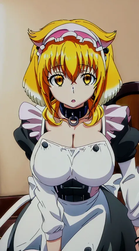 best quality, high_resolution, distinct_image,1 cat girl with cat ears,covered big breast, short yellow hair, yellow eye, maid dress