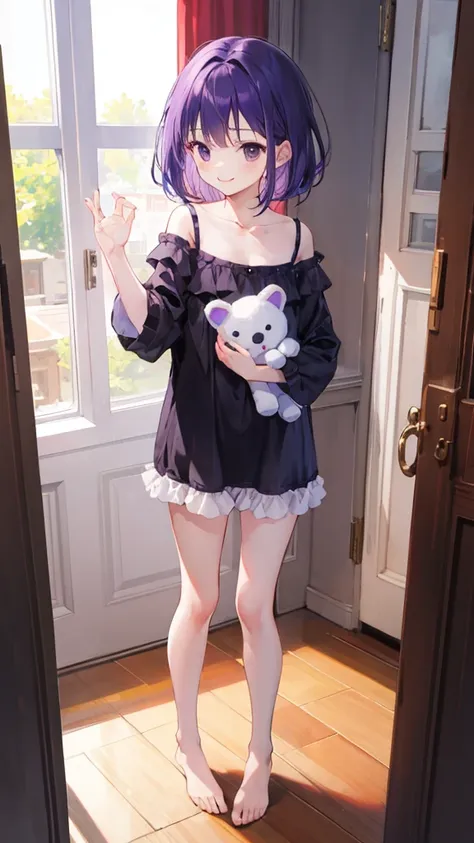 whole body,full body,Standing picture,standing position,Photographed from the front,from front,Girl holding stuffed animal,purple hair,one piece,Room wear,room wear,cute,smile