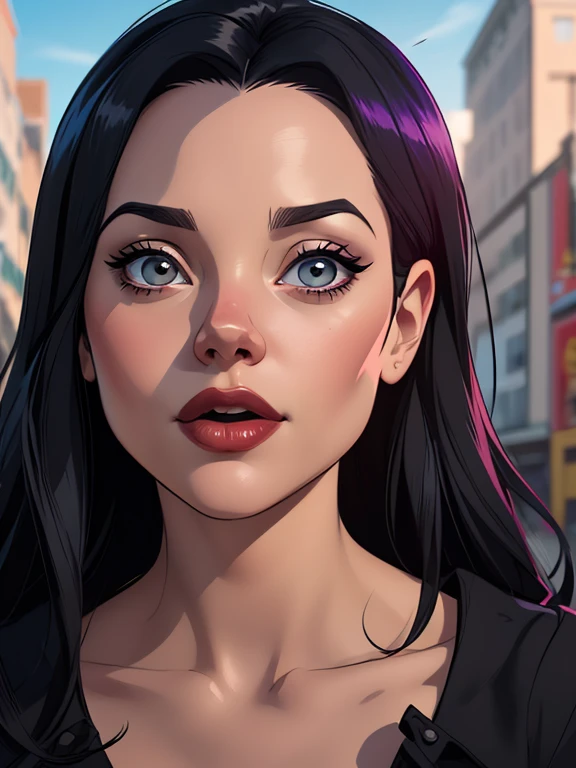 Personagem Christina Ricci cabelo preto estilo Morticia AddamsImagem de desenho animado de uma mulher .cartoon style illustration, estilo de arte dos desenhos animados, estilo de arte dos desenhos animados, digital illustration style, design de personagens...