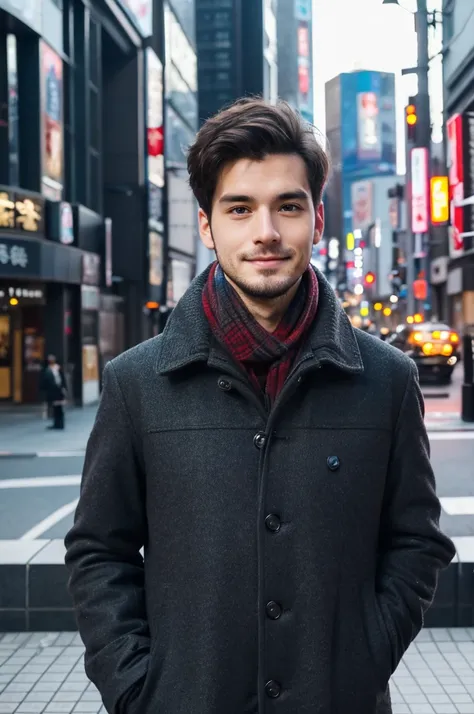 Photorealsitic, 8K full body portrait, a handsome, a 25-year-old man, A charming expression, detailed face details, TOKYOcty, Winters, Shibuya in the background