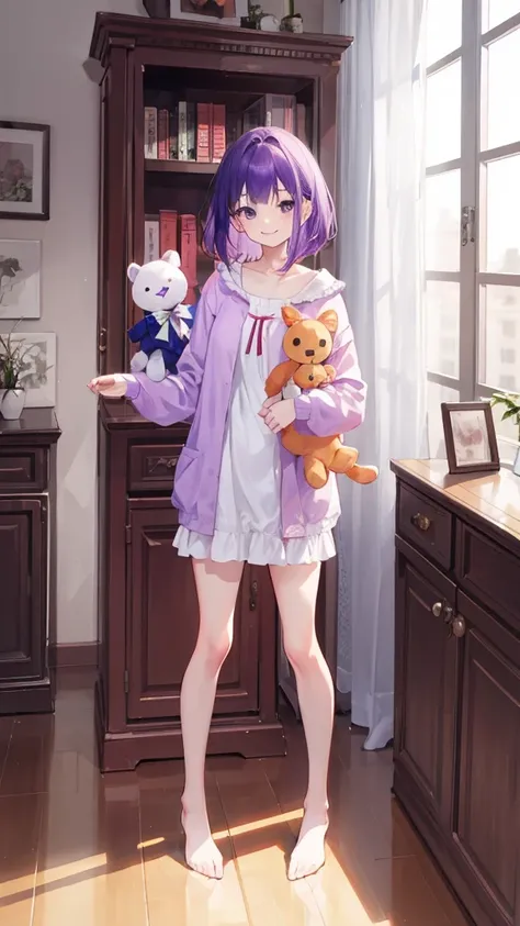 whole body,full body,Standing picture,standing position,Photographed from the front,from front,Girl holding stuffed animal,purple hair,one piece,Room wear,room wear,cute,smile