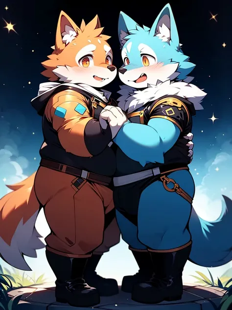 gold bodysuit，Light blue fur，dog，horny boy，wearing boots，orange eyes，stand，dark night，light，overweight，happy，blush，