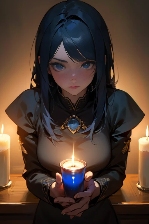 Handsome woman with intense blue eyes sits in a completely dark room. There is a lit candle 30 centimeters from your face.., Let his beautiful features shine. photorealistic style. 8K resolution. very detailed.