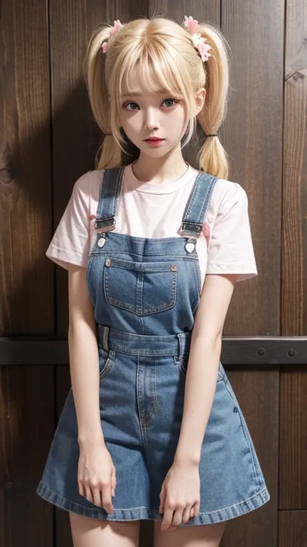 dungarees skirt pink thin flower pattern , big breast , blonde hair , twin tail hair