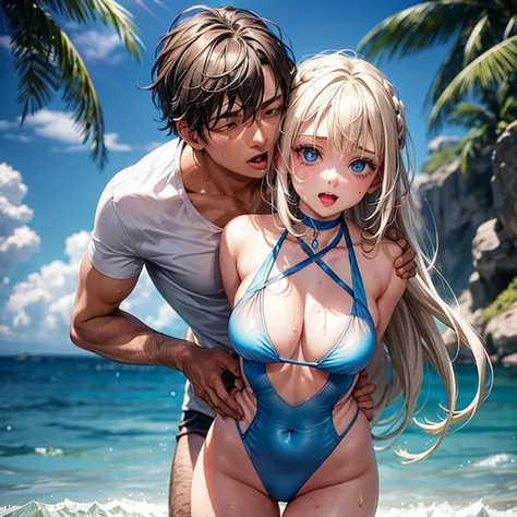 summer sea, , White transparent slingshot swimsuit, Handsome man hugging his girlfriend from behind, talking in her ear, lift her up, 40k, photore, master piece, quality, (1 girl&#39;Blue eyes and blonde hair curl instantly、), An old man leaned on her from...