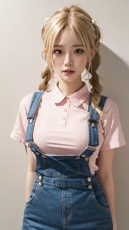 dungarees skirt pink thin flower pattern , big breast , blonde hair , twin tail hair