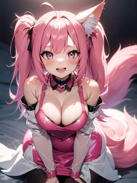 Happy , with wolf ears and pink hair, holding her cheeks, wolf tail, wearing a latex dress, looking at veiwer, full body, you can see her chest, naked breasts