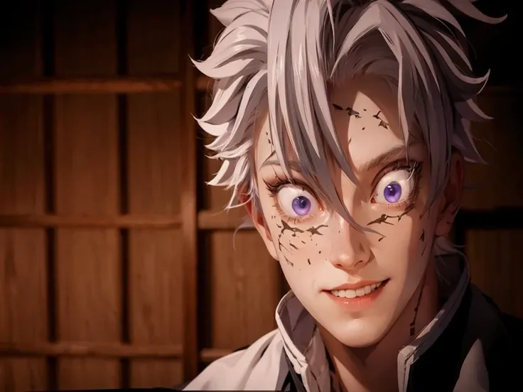 Psychotic smile, albino, pale, white hair, gray, (8k), realistic trait, (2d), 3d model, dark clothes, male, drown man, duel, Kor, pale violet eyes, light environment, moonlight light, night forest