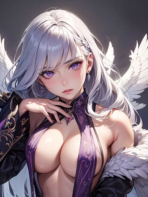 (best quality,ultra-detailed,realistic:1.37),portrait,detailed bird-like wings,detailed bird-like legs,long white hair,beautiful purple eyes,detailed lips,mysterious atmosphere,dark clothing, braid a hair, roupa ladino, manto cobrindo ela, sexy, sex, fucki...