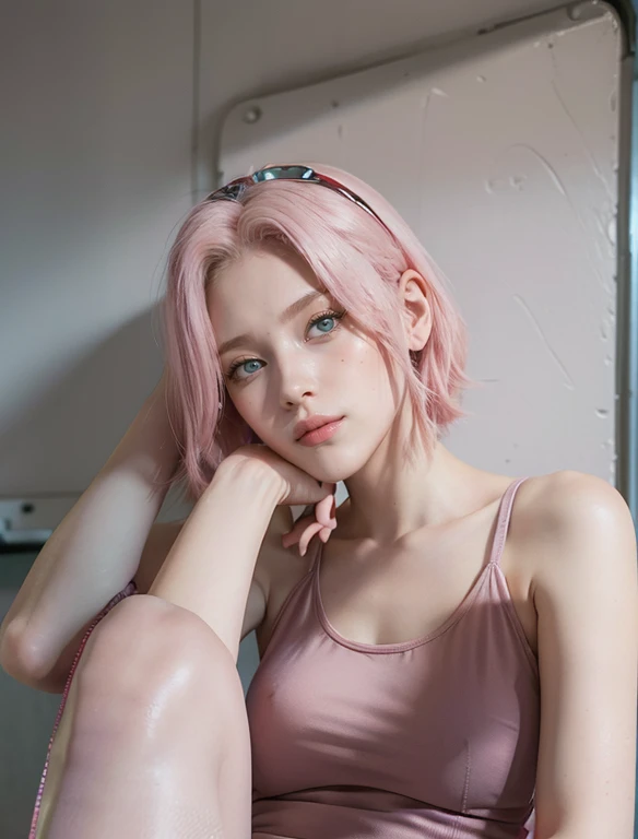 young woman, short shoulder-length pink hair, wide forehead, porcelain skin, pink eyebrows, big emerald green eyes, buttoned nose, full lips, heart-shaped face, slender body, small breasts, red tank top, Sakura Haruno , realistic, realism, details, 3d, wel...