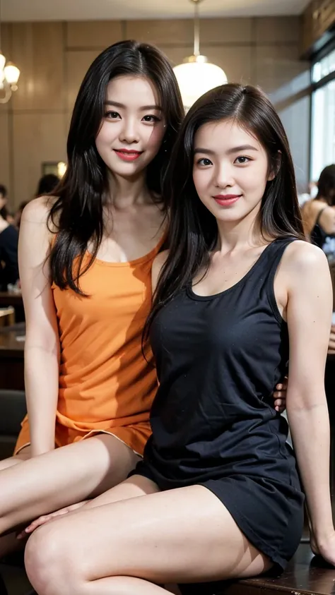 Stunningly 2 beautiful young Malay women, sitting and relaxing, enjoying coffee in a classy cafe, smiling, no bra just tank top, armpit pose, wrinkle armpit, odor armpit, smelly armpit, 