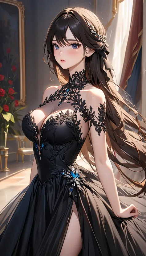 masterpiece:1.4,best-quality,Super Detail,Very Delicate and Beautiful, (((sfw, beautiful girlfriend, black ball gown, gorgeous, elegant, noble))), gigantic tits, slender