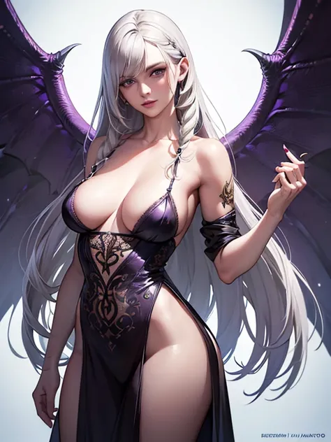 (best quality,ultra-detailed,realistic:1.37),portrait,detailed bird-like wings,detailed bird-like legs,long white hair,beautiful purple eyes,detailed lips,mysterious atmosphere,dark clothing, braid a hair, roupa ladino, manto cobrindo ela, sexy, sex, fucki...