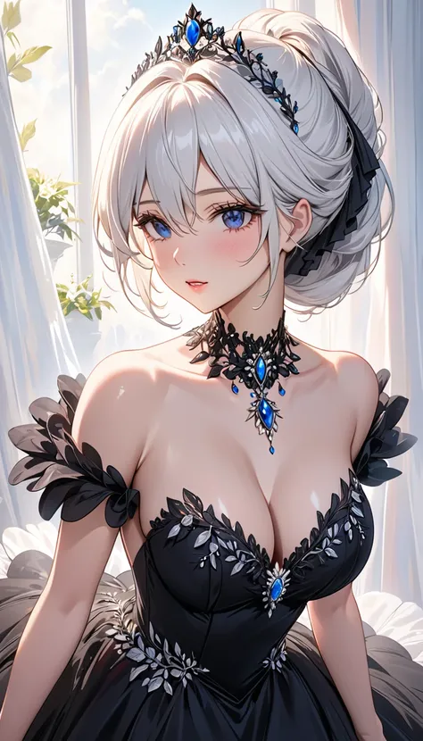 masterpiece:1.4,best-quality,Super Detail,Very Delicate and Beautiful, (((nsfw, beautiful girlfriend, black ball gown with jewel, gorgeous, elegant, noble))), super gigantic tits, slender, white hair