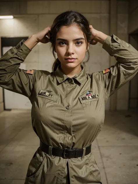 Beautiful girl in army military outfit, fazendo uma pose 