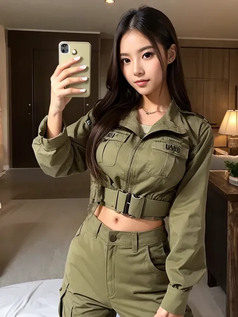 Beautiful girl in army military soldier outfit, tirando uma selfie