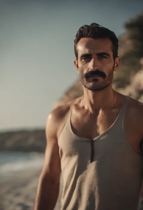 Handsome short moustache without beard Turkish guy tall thin shirtless sunny beach 