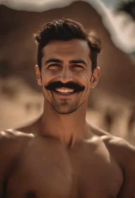 Handsome moustache without beard Turkish guy tall thin shirtless desert bikini showing armpit smile hands on waist 