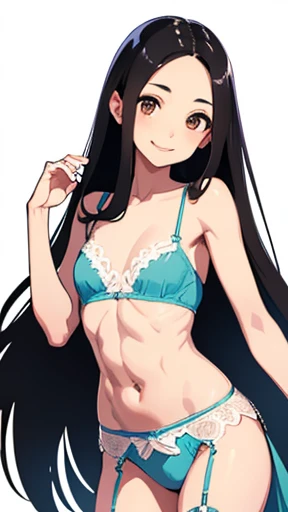 highest quality、realistic、Japanese、cute、smile、、black hair、Light blue lingerie、brown eyes、smile、exposed forehead、bust shot、thin、thin、abs、flat chest、Wedding dress、garter belt、I can see your belly button、male