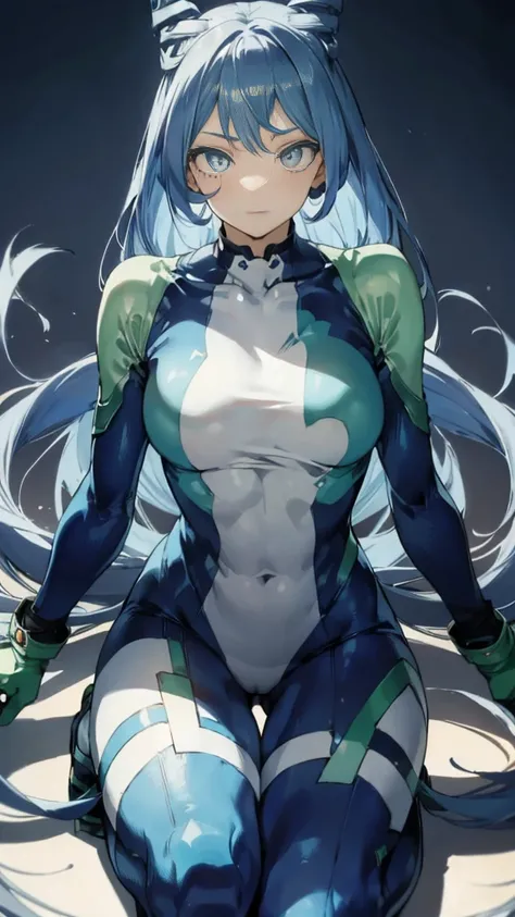 Nejirehadu, Nejire Wave, blue eyes, blue hair, long hair,
壊す blue body suit, body suit, drill hair, gloves, green body suit, multicolored body suit, colorful clothes, yellow gloves,
((壊す full body)),squat，spread your legs，arms up behind，
break white backgr...