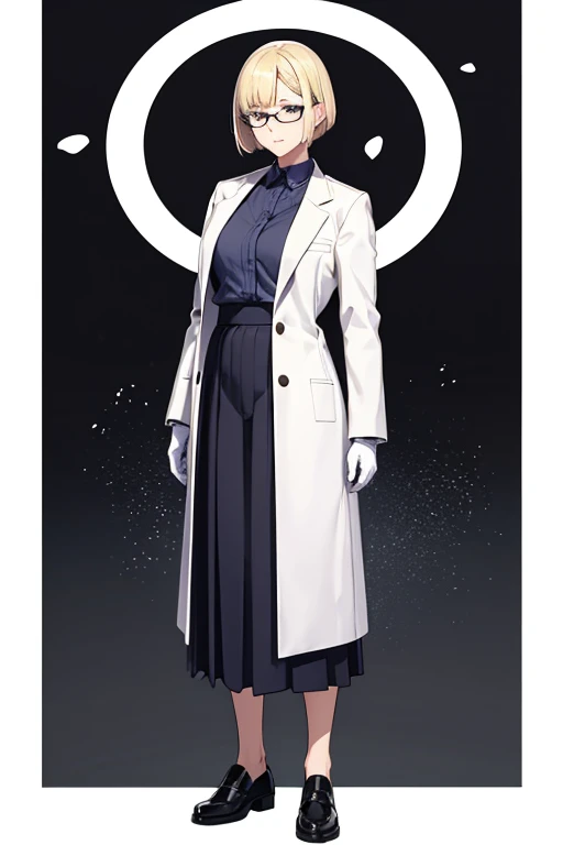 anime picture、Full body portrait、A female teacher who is about 165cm tall and about 37 years old.、Rimless Glasses、wearing a white coat、blonde bob、flat chest、angry、gloves、long skirt
