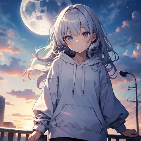 highest quality、masterpiece、8K、null、frills、hoodie、cloud、Light blue curly hair、moonlight