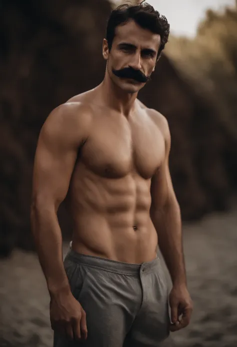 Handsome moustache without beard Turkish guy tall thin shirtless be bikini showing armpit grey underwear 