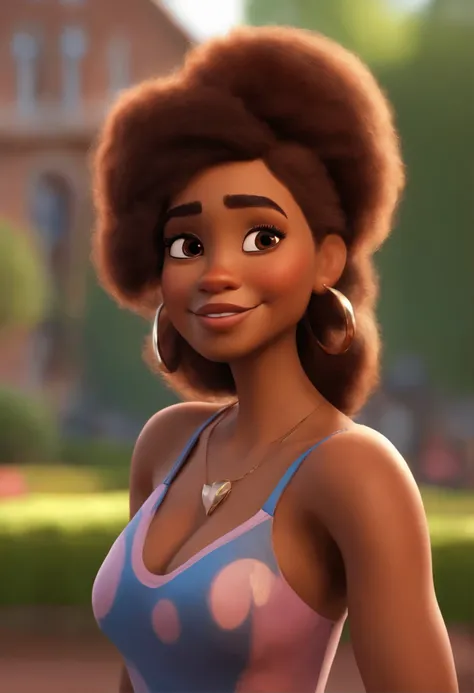 Pixar style image with 3D character girl with brown skin, cabelo nos ombros cacheado, ruivo claro, estudando Psicologia, se sentindo realizada, Maquiagem Disney, sorridente ,fechar-se, Pixar, Disney, foco nos tons de rosa.