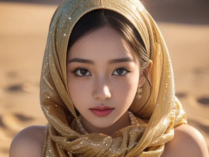 nsfw, (((topless))),,Dilraba Dilmurat, hijab, jilbab, muslim face mask, mouth veil, freckles, eyes mascara, masterpiece, best quality, photorealistic, glowing sparkly skin, soft lighting, voluptuous, windy desert, blowing swirling sand grains, sunny backli...