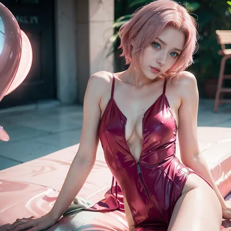 young woman, short shoulder-length pink hair, wide forehead, porcelain skin, pink eyebrows, big emerald green eyes, buttoned nose, full lips, heart-shaped face, slender body, small breasts, red tank top, Sakura Haruno , realistic, realism, details, 3d, wel...