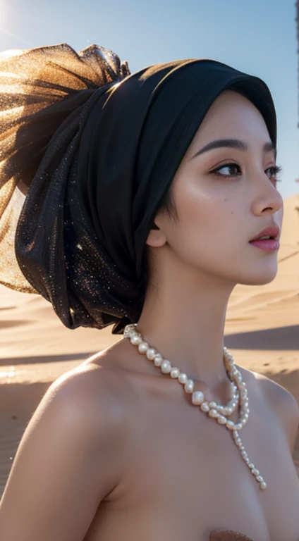 nsfw, (((topless))),,Dilraba Dilmurat, hijab, jilbab, muslim face mask, mouth veil, freckles, eyes mascara, masterpiece, best quality, photorealistic, glowing sparkly skin, soft lighting, voluptuous, windy desert, blowing swirling sand grains, sunny backli...