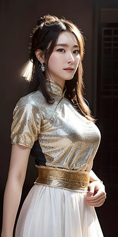 realistic, High resolution, soft light,1 female, alone, hip up, glowing skin, (detailed face), chinese armor,