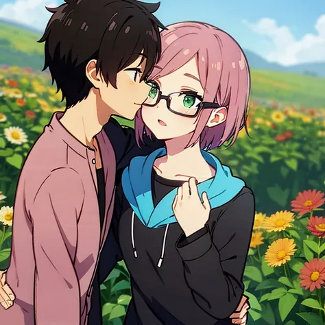 1 chico con pelo negro, red jacket and glasses romantically kissing a girl with pink hair and green eyes, campo de flores en el fondo, amor verdadero, mejillas sonrojadas, alta calidad 