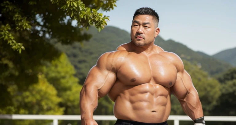 (at rugby ground:1.4), Japanese man, Chinese man, Korean man, Taiwanese man, manly face, fat face, (round face:1.4), (monolid eyes:1.2), (buzz cut:1.4), very large and strong body, bulky body, beefy muscles, (bulging muscles:1.4), (very large pectoral musc...