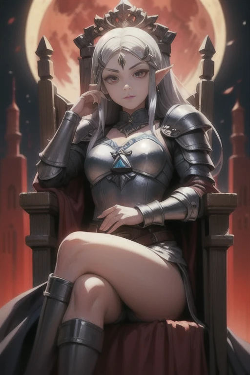 Silver hair, red eyes, sophisticated, female, bloodmoon, Queen Zelda, triforce crest, leather armor, looking at viewer, throne,