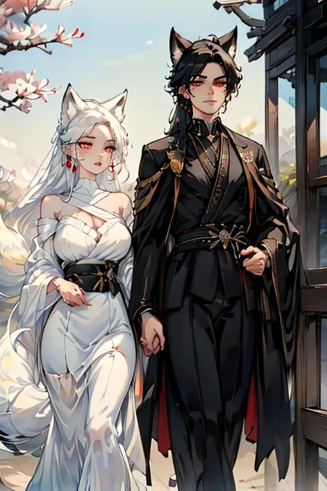 a handsome black haired man with golden eyes with black fox ears and a black fox tail is walking with a white haired woman with copper eyes and white fox ears and a white fox tail with an hourglass figure in a conservative blouse and skirt underneath a che...