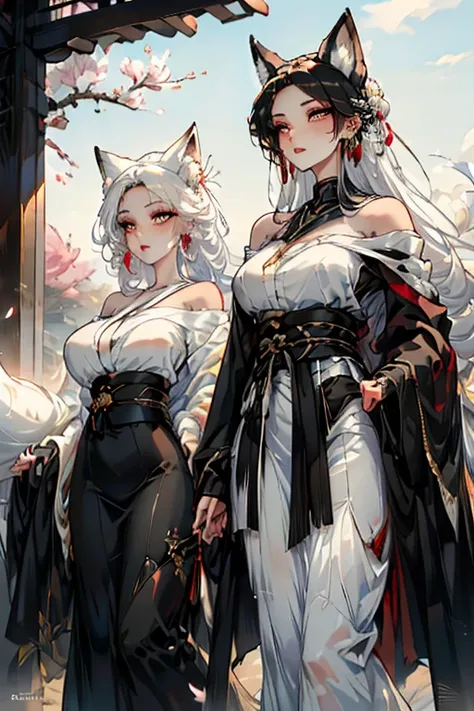 a handsome black haired man with golden eyes with black fox ears and a black fox tail is walking with a white haired woman with copper eyes and white fox ears and a white fox tail with an hourglass figure in a conservative blouse and skirt underneath a che...