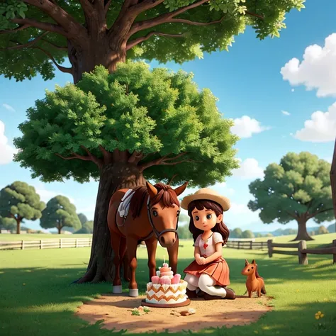 A girl and a horse sharing a cake under a tree  