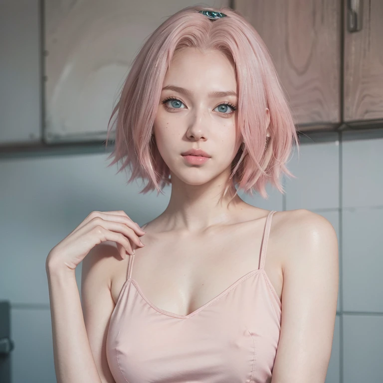 young woman, short shoulder-length pink hair, wide forehead, porcelain skin, pink eyebrows, big emerald green eyes, buttoned nose, full lips, heart-shaped face, slender body, small breasts, red tank top, Sakura Haruno , realistic, realism, details, 3d, wel...