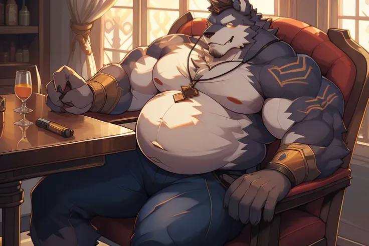 a close up of a person sitting in a chair with a glass, furry chest, pov furry art, winston from overwatch, thick furry neck and chest fluff, thicc, fluffy chest, (sfw) safe for work, commission for high res, fullbody commission for, heavy detailed, furry ...